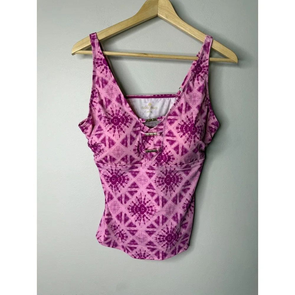 Susan Graver Soleil V-Neck Tankini with Skirt Fuchsia Shibori‎ 14 {#135-R